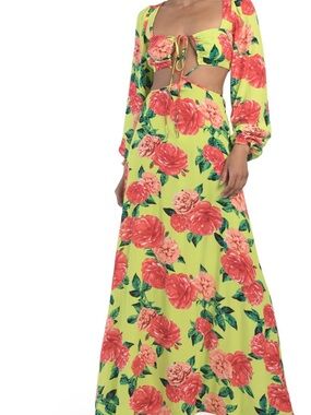 AFRM Bekah Floral Cutout Maxi Dress in Lime with Coral Roses